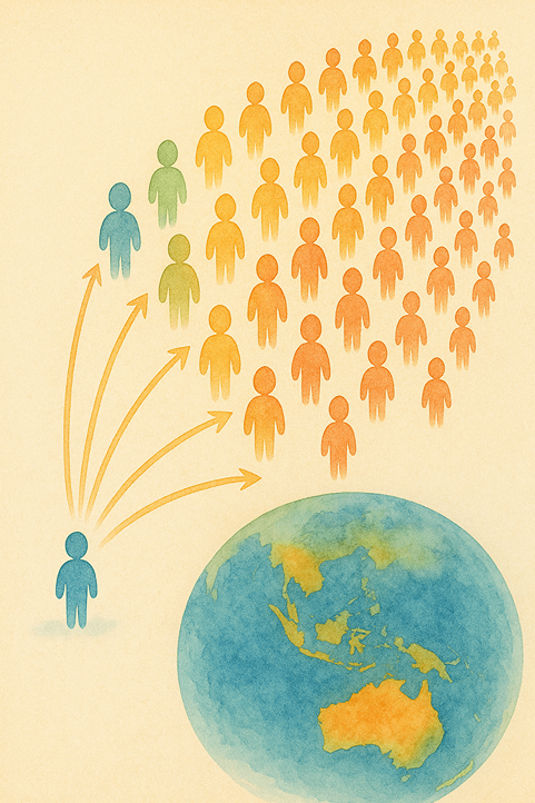 image of message starting from one drawing of a person, and spreading to many with the background of the globe